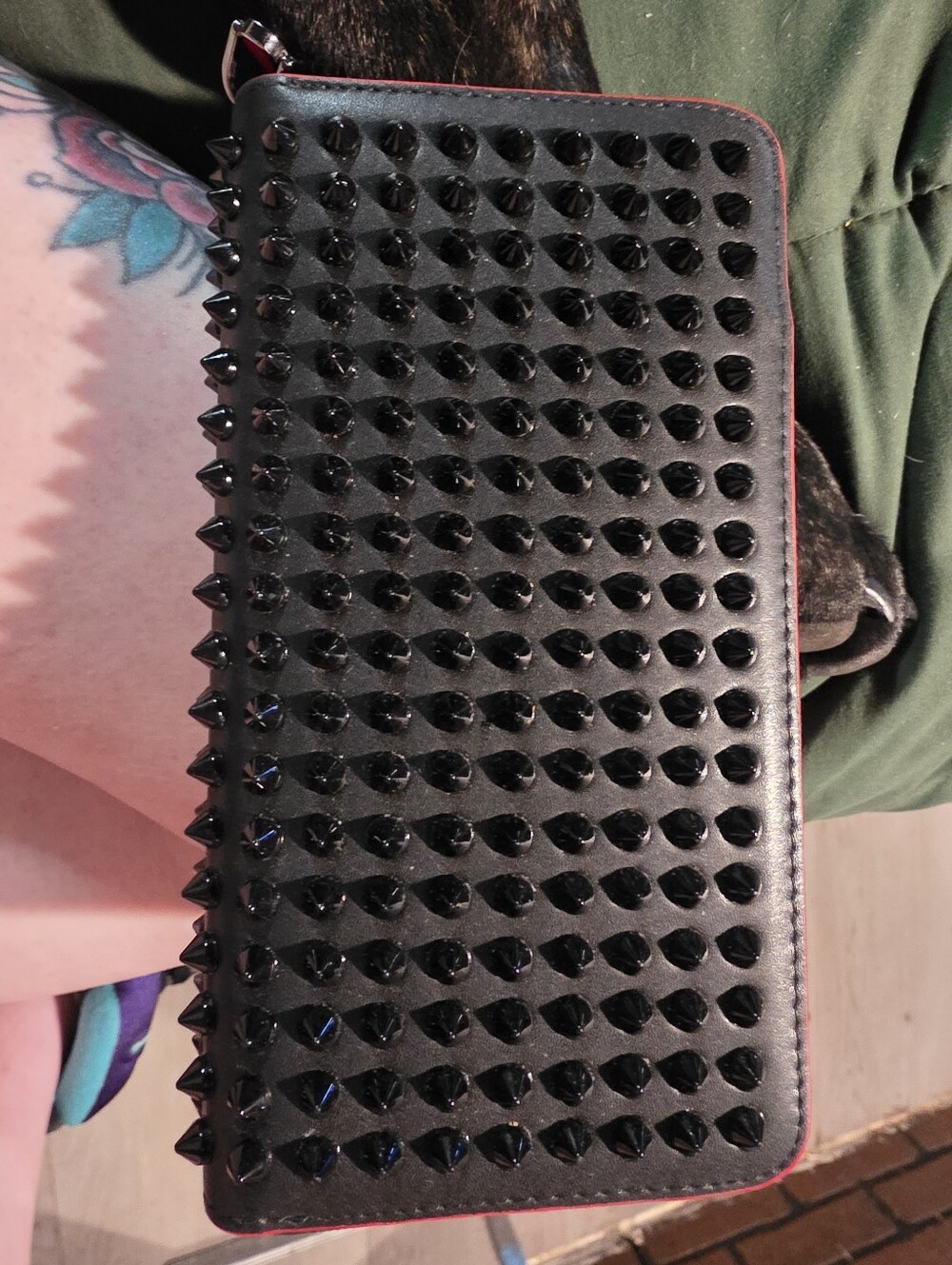 USED...Christian Louboutin Black Spiked Leather Zipper Wallet - Picture 1 of 16